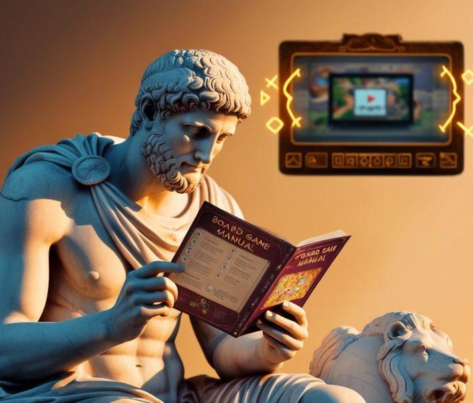 Una estatua antigua conocida leyendo un manual de juegos de mesa y de fondo 20250217 160912 0000